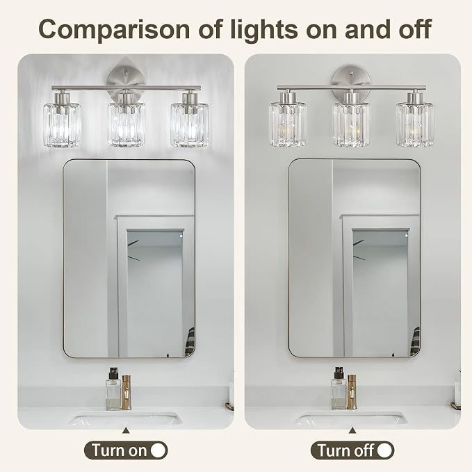 Crystal Bathroom Light Fixtures, Bathroom Lighting Fixtures Over Mirror, Modern 3-Light Brushed Nickel Vanity Lights for Mirror, Restroom, Kitchen(Ceramic E26 Socket,Bulbs Not Include)