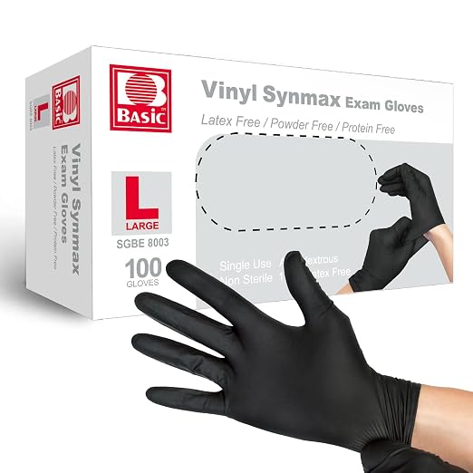 Basic Disposable Medical Synmax Vinyl Exam Gloves- 4 mil Safty Glove 100pcs - Latex-Free & Powder-Free - SGBE 8003, Large (Black)