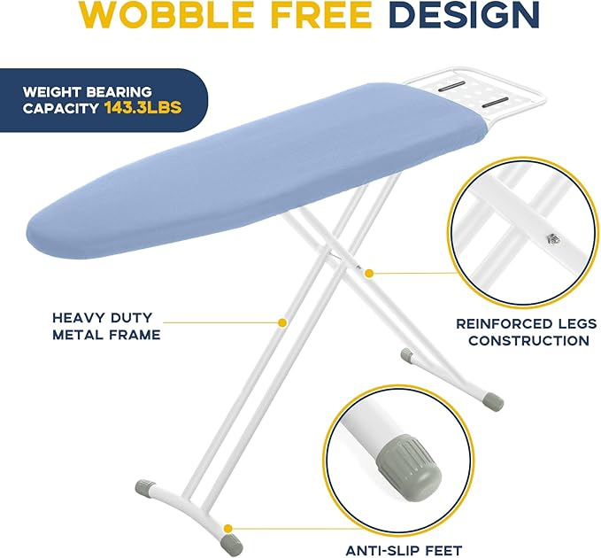 RAINHOL Ironing Board, 43x13 Full Size Iron Board with Iron Rest, Heavy Duty Compact Ironing Board with Thick Cover and Pad, Height Adjustable Sturdy Iron Stand, Blue