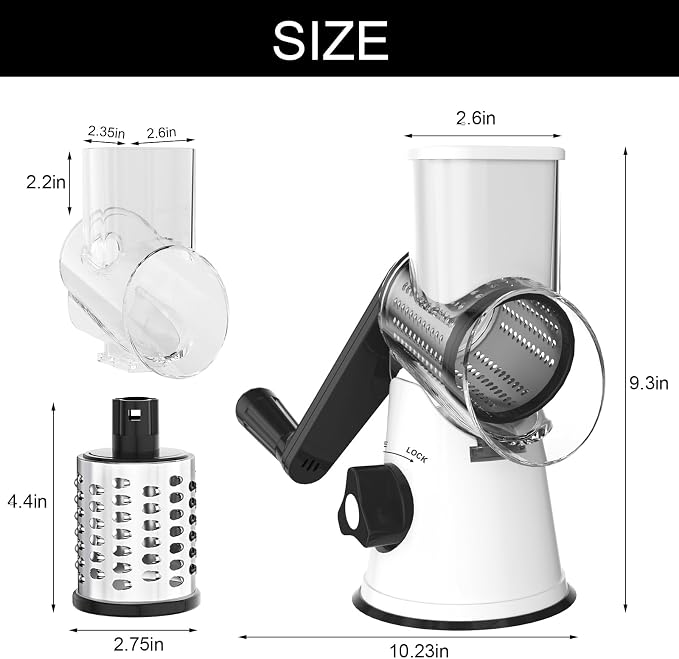 Cambom Rotary Cheese Grater Hand Crank Cheese Shredder for Fresh Cheese, Vegetable, Nuts,Non-slip Suction Base, Three Blades, Black White