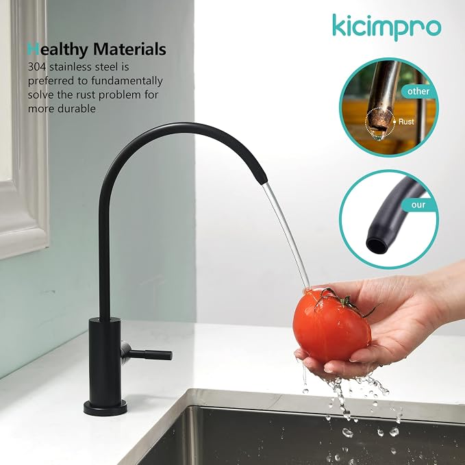 Kicimpro Stainless Steel Matte Black Finish RO Faucet Kitchen Water Filter Faucet for 0.59-1.37 Inches Sink Holes, 10.3 Inches Height Bar Sink Faucet | Lead-Free SUS304, 360 Swivel, Fits 1/4 & 3/8 RO Connectors, Leak-Proof Seal