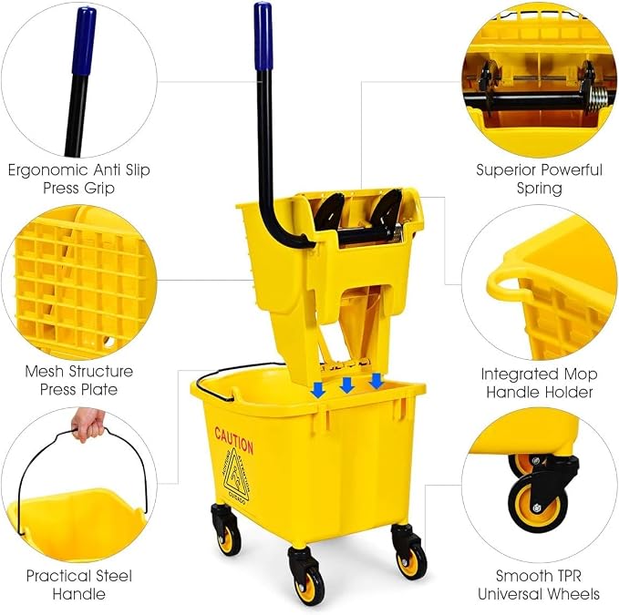 Mop Bucket, Commercial Bucket for Mopping on Wheels with Potable Handle, Mop Bucket with Wringer for Home, Household, Office, Bathroom, Yellow (25 Quarts)
