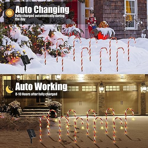 10 Pack Solar Candy Cane Lights with Stars, 21 Inch Christmas Yard Decor