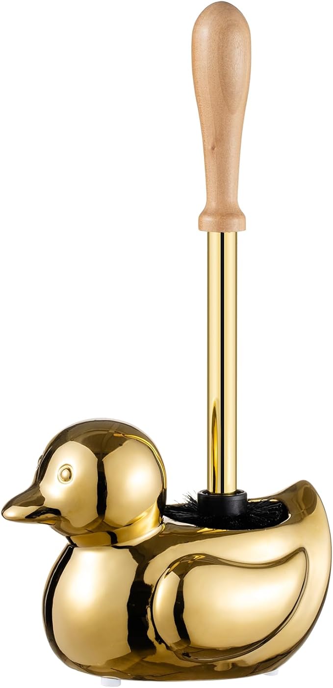 Gold Toilet Brush and Holder Set - Wooden & Stainless SteelHandle Gold Toilet Bowl Brush and Holder with Replaceable Head- Dense Bristles for Thorough Cleaning,Duck Design for Bath Decor Storage