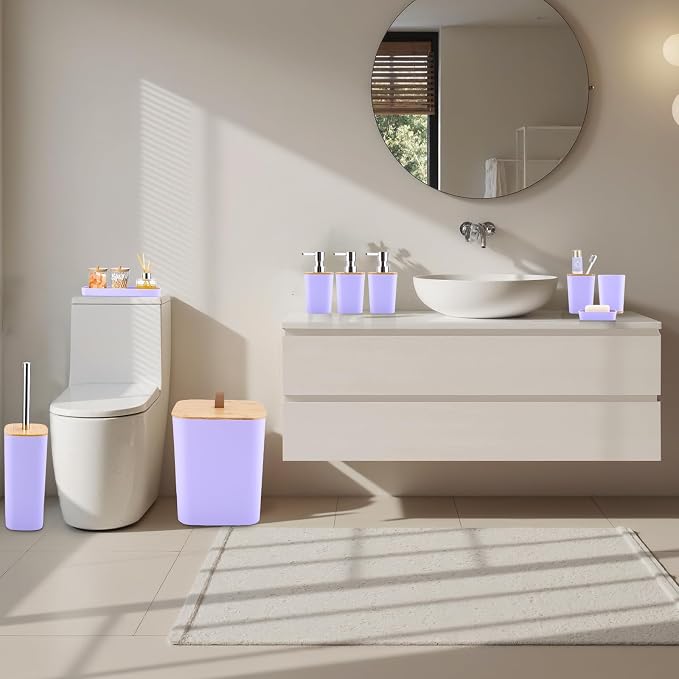 XLHOMO Bathroom Sets with Shower Curtain and Rugs, 27PCS Purple Bathroom Accessories Set with Trash Can, Purple Shower Curtain Set, No Slip Super Absorbent Bathroom Rugs