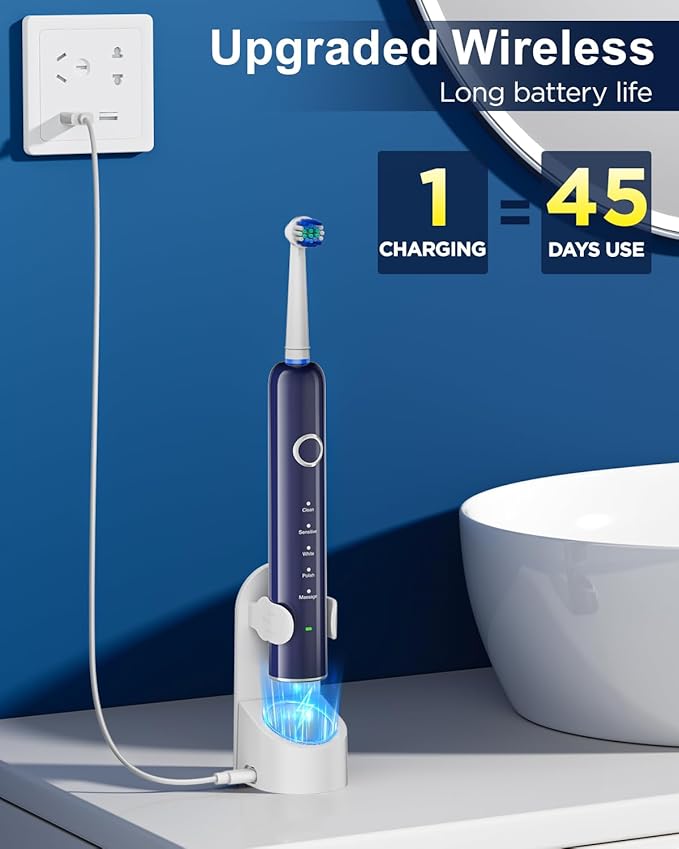 Rotating Electric Toothbrush for Adults, 8 Brush Heads (2 Types) & Travel Case, 5 Cleaning Modes Rechargeable Power Toothbrush with 2-Minute Smart Timer, Black