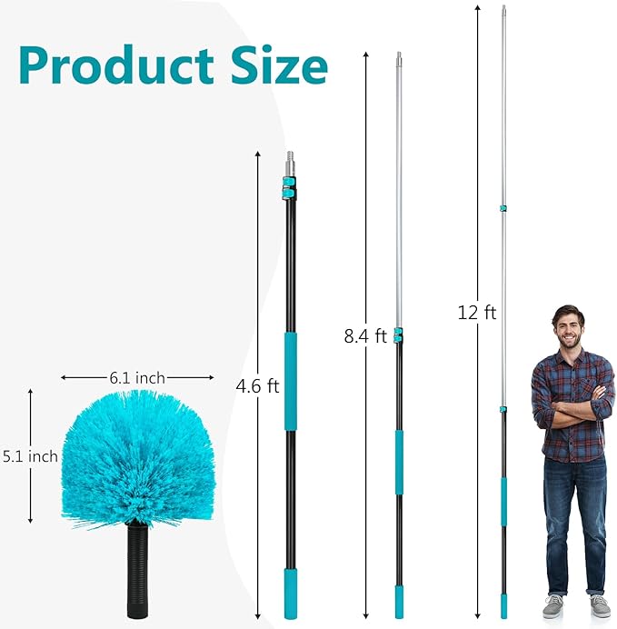 Mavriz 5-12 FT Spider Web Brush with Pole, Cobweb Duster with Extension Pole for Outdoor & Indoor Cleaning, Telescopic Long Duster for High Ceilings 20 Ft Reach