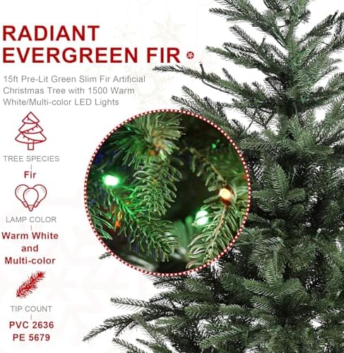 Glitzhome 15ft Prelit Christmas Tree, Hinged Slim Artificial Christmas Tree, Radiant Evergreen Fir with 1500 Warm White/Multi-Color LED Lights,9 Function,w/Remote Control,Easy Assembly