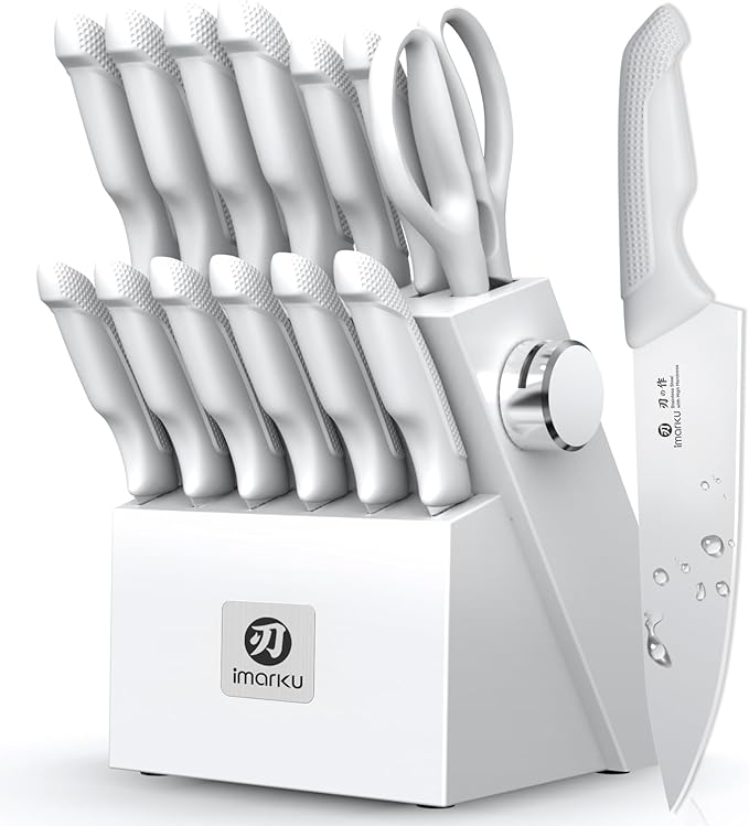 imarku 14 Pcs Japanese Stainless Steel Knives Set for Kitchen Grayish White | High-Carbon Stainless Steel Blades, Anti-Slip Handle, Built-In Sharpener for Lasting Performance, Gift for Cooking Beginners