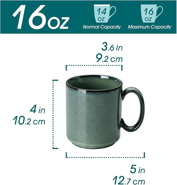 vancasso STARRY Ceramic Coffee Mugs Set of 6, 16 Oz Large Coffee Cups for Latte, Cappuccino, Tea & Hot Cocoa, Artisan Modern Style for Coffee Bar, Home & Kitchen, Microwave & Dishwasher Safe, Green