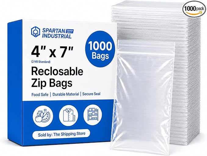 Spartan Industrial - 4” X 7” (1000 Count) 2 Mil Clear Reclosable Zip Plastic Poly Bags with Resealable Lock Seal Zipper