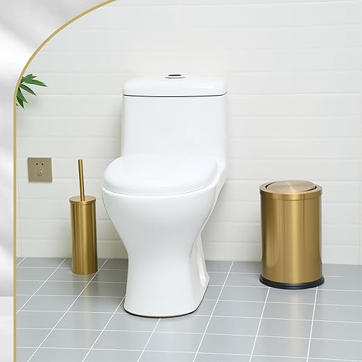 Maxdot 2 Pcs 2.4 Gallon/9 L Gold Bathroom Trash Can with Flip Lid and Toilet Brush Set, Small Luxury Stainless Steel Garbage Trash Can Wastebasket Bin for Home Office Hotel Bathroom Bedroom Kitchen