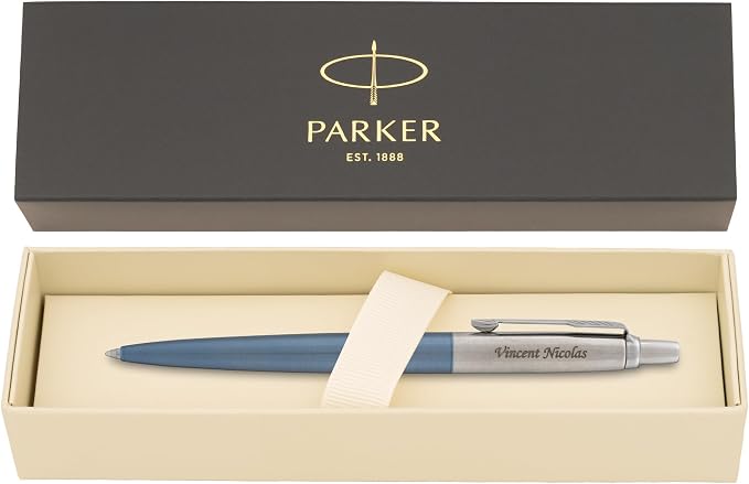 Parker Jotter Ballpoint Pen, Waterloo Blue, Personalized Laser Engraving, Blue Ink, Official Parker Gift Box, Graduation and Retirement Gift for Men and Women