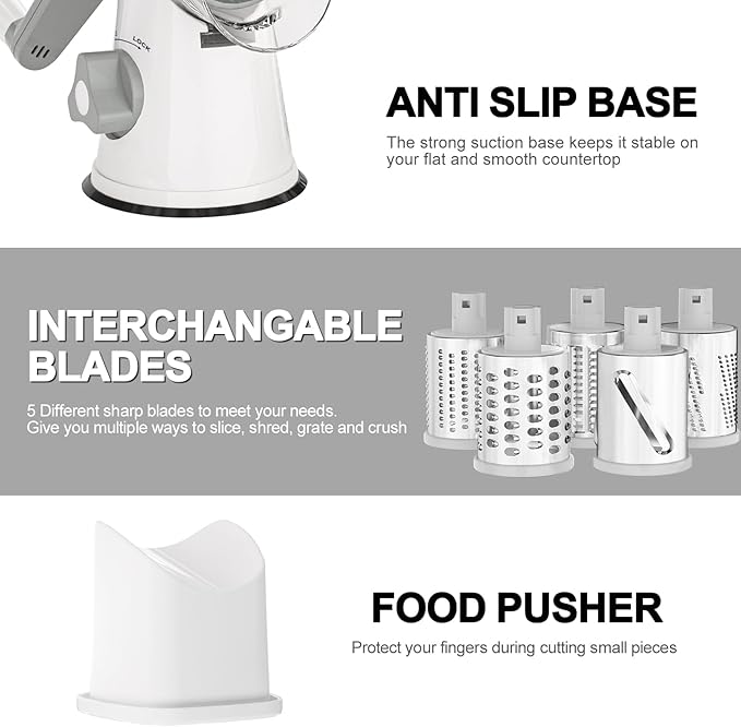 Cambom Rotary Cheese Grater Hand Crank Cheese Shredder for Fresh Cheese, Vegetable, Nuts,Non-slip Suction Base, Five Blades, White