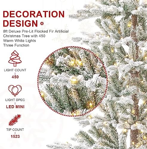 Glitzhome Christmas Tree with Lights, 8ft Deluxe Flocked Artificial Prelit Christmas TRE with 1523 PE&PVC Branch Tips, Majestic Frostfall Fir Hinged Xmas Tree w/450 Warm White Lights, Easy Assembly