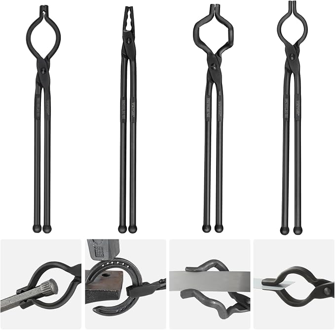 VEVOR Blacksmith Tongs, 4 PCS: V-Bit Bolt, Wolf Jaw, Z V-Bit & Gripping - A3 Carbon Steel, 18' for Blacksmiths & Bladesmiths