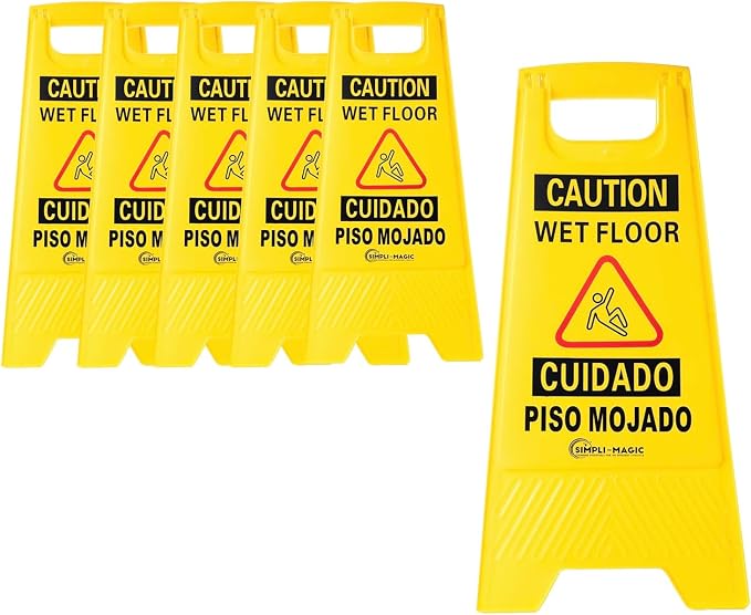 Simpli-Magic 24" Height Wet Floor Caution Signs, 6 Pack – Double-Sided, Bilingual & Foldable Safety Warning Sign – Commercial Grade, Yellow, Plastic