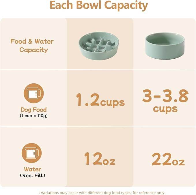 Havniva Elevated Slow Feeder Dog Bowls, Ceramic Dog Bowl Slow Feeder Set | 1.2 Cups Raised Slow Feeder Dog Bowl for Small Breed, 6.1” Dog Water Bowl with Wooden Stand, Puzzle Dog Food Bowl, Non-slip