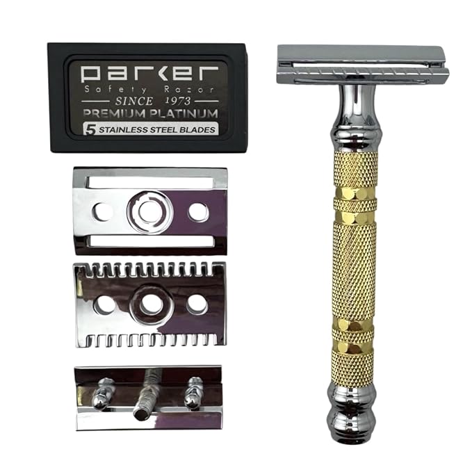 Parker, "The Convertible", Double Edge Safety Razor – Interchangeable Open & Closed Comb Plates, Solid Brass/Chrome 93 g Handle, Customizable Shave from Mild to Aggressive