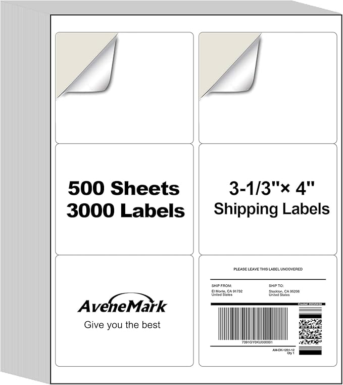 AveneMark 500 Sheets 3000 Labels Shipping Address Labels, 6 up 3-1/3" x 4" Quick to Peel Stickers Paper for Laser & Inkjet Printers, Printable Mailing Labels Stickers (6 Labels per Page Sheet)