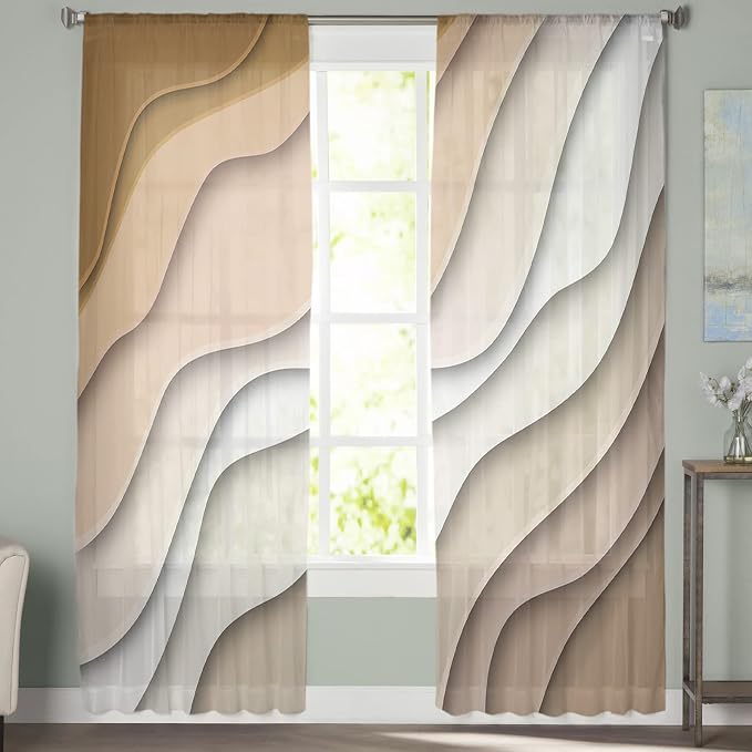 Geometric Sheer Curtain 96 Inch Rod Pocket Ombre Cream Beige Living Room Bedroom Kitchen Cafe Window Curtains & Drapes,Modern Abstract Ocean Beach Seawaves Chiffon Tulle Curtains,Brown White 104"x96"