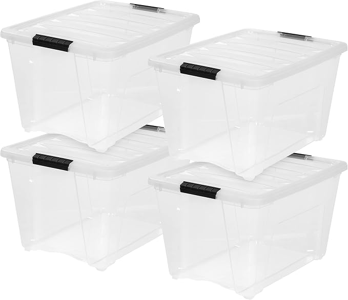 IRIS USA 54 Qt Stackable Plastic Storage Bins with Lids, 4 Pack - BPA-Free, Made in USA - See-Through Organizing Solution, Latches, Durable Nestable Containers, Secure Pull Handle - Clear