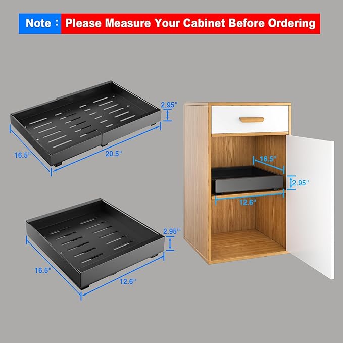 Mustorn 2 Pack Pull Out Cabinet Organizer, Expandable Slide Out Drawers for Kitchen Cabinets Peel and Stick Pullout Drawer Heavy Duty Sliding Shelves for Cupboard, Pantry, Bathroom(16.5" Deep, Black)