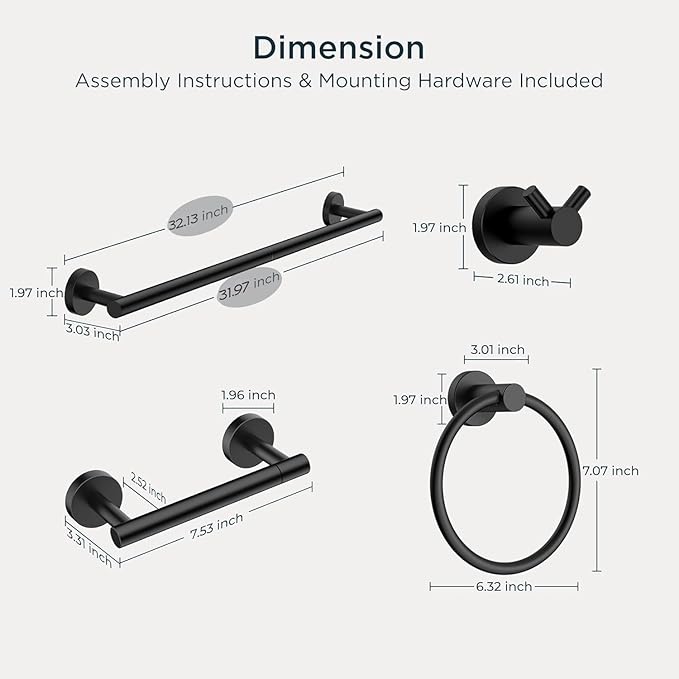 FORIOUS Bathroom Hardware Accessories Set, SUS304 Stainless Steel Towel Bar Set, Modern Towel Racks Holder for Bathroom, Toilet Paper Holder Wall Mounted 4 Pieces(30" Bar, Matte Black)