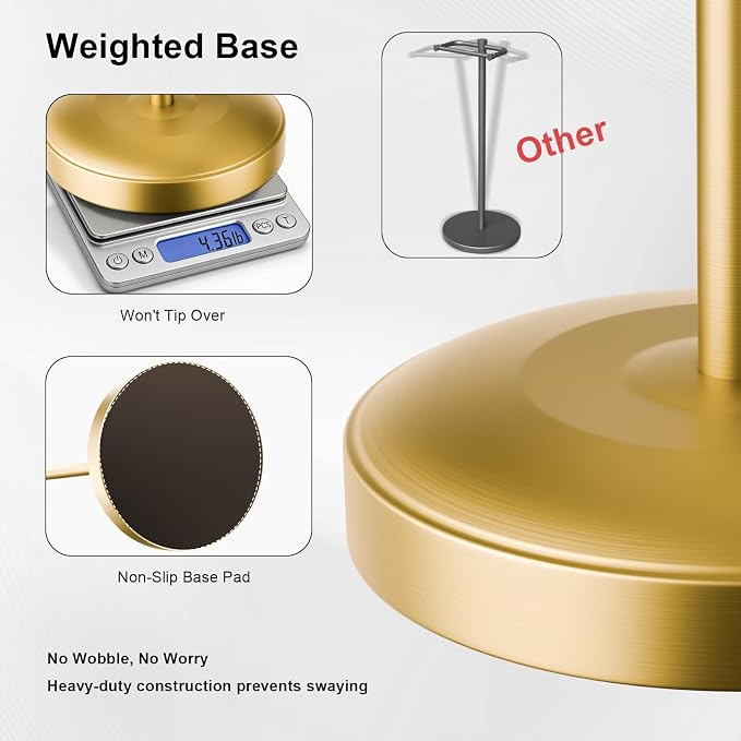 Freestanding Toilet Paper Holder Stand, Heavy Duty Brushed Brass Stainless Steel Toilet Paper Holder with Weighted Base, Rustproof & Tool-Free Installation for Modern Bathrooms