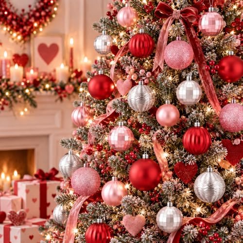 Lunmon 64 Pcs Pink and Red Silver Christmas Ornaments Glitter Xmas Bulbs
