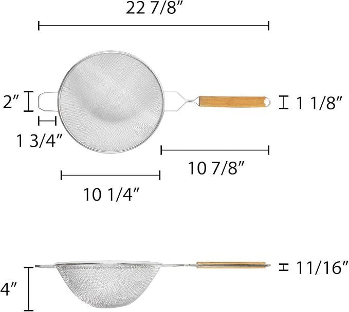 TrueCraftware- 10-Inch Double Fine Mesh Strainer Stainless Steel with 10-3/4" Handle Length Wooden Handle- Kitchen Utensil Food Strainer Skimmer Spoon for Cooking Sieve Sifters Pasta Fruits Vegetable