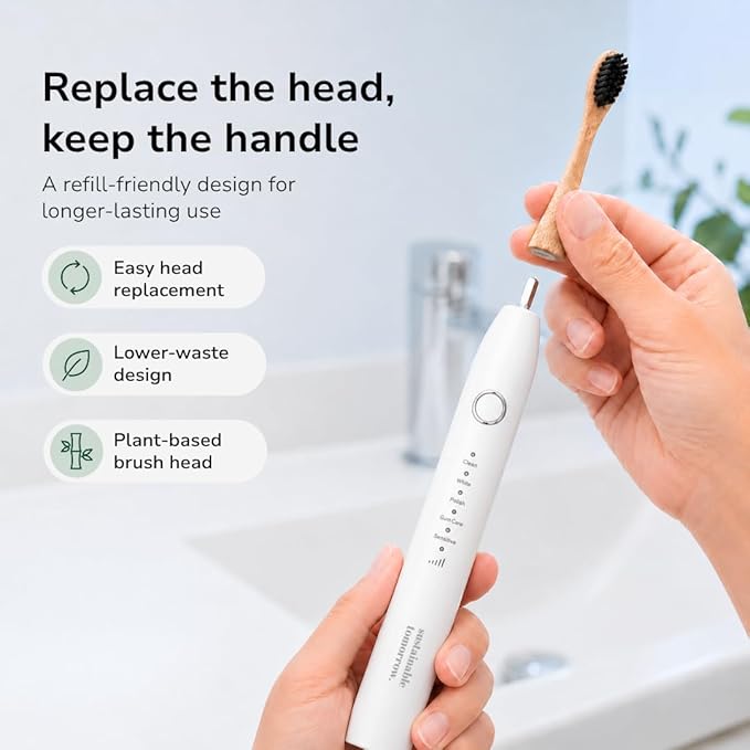 Sustainable Tomorrow Zen Bamboo Electric Toothbrush, Durable Wood-Grain ABS Handle, Rechargeable w/Plant-Based Soft Bristles, Bamboo Heads, 5 Modes & 30-Day Battery (White)