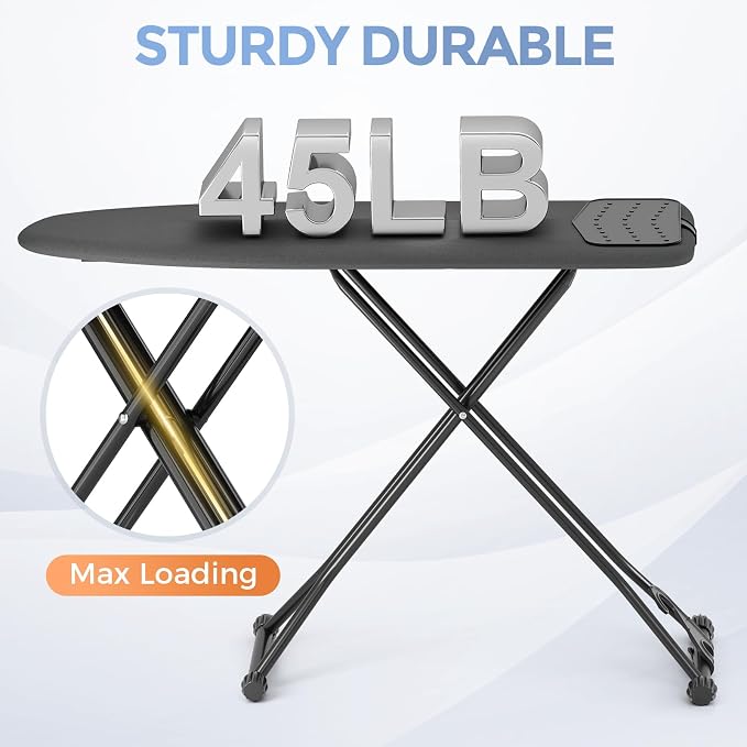 APEXCHASER Ironing Board, Compact Iron Board with Silicon Mat, Foldable Ironing Board with Heat Resistant Cover, 7 Height Adjustable, Space Saver Iron Board,13x43 Black