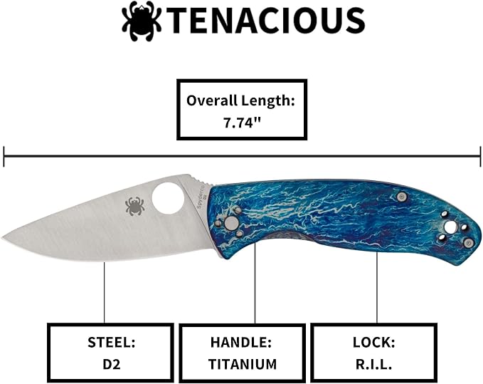 Spyderco Tenacious R.I.L. Disarray Folding Pocket Knife, PlainEdge | 7.74" Overall Length, 3.3" D2 Steel Blade, Titanium Handle, R.I.L Lock, Full-Flat Grind
