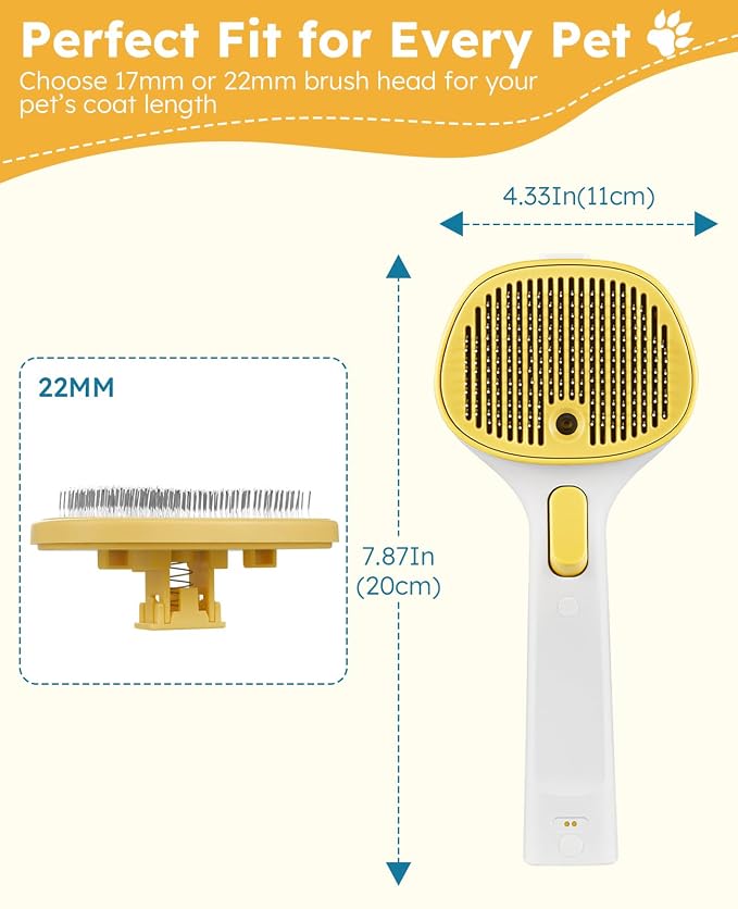 Cat Steam Brush for Cats & Dogs, Pet Steam Brush 3-in-1 with 2 Mist Modes, One-Touch Self Cleaning, Magnetic Safe Charging, Cat Hair Brush for Shedding, Dog Brush for Shedding, Yellow (Long Head)