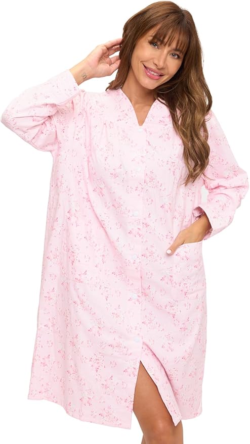 Casual Nights Women's Floral Snap Front Flannel Duster Long Sleeve Lounger Dress