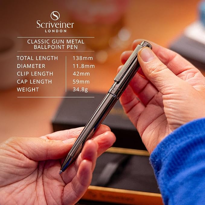 Scriveiner Gun-Metal Lacquer Ballpoint Pen - Stunning Luxury Pen, Schmidt Black Refill, Best Gift Set for Men & Women, Professional Executive Office, Nice Fancy Designer Pens