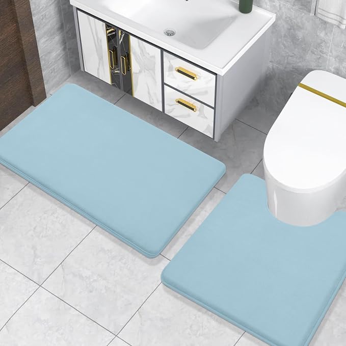 Smiry Memory Foam Toilet Rugs U-Shaped 24x20, Extra Soft Absorbent Non-Slip Contour Bathroom Rugs, Machine Washable Bath Mats for Toilet, Sky Blue