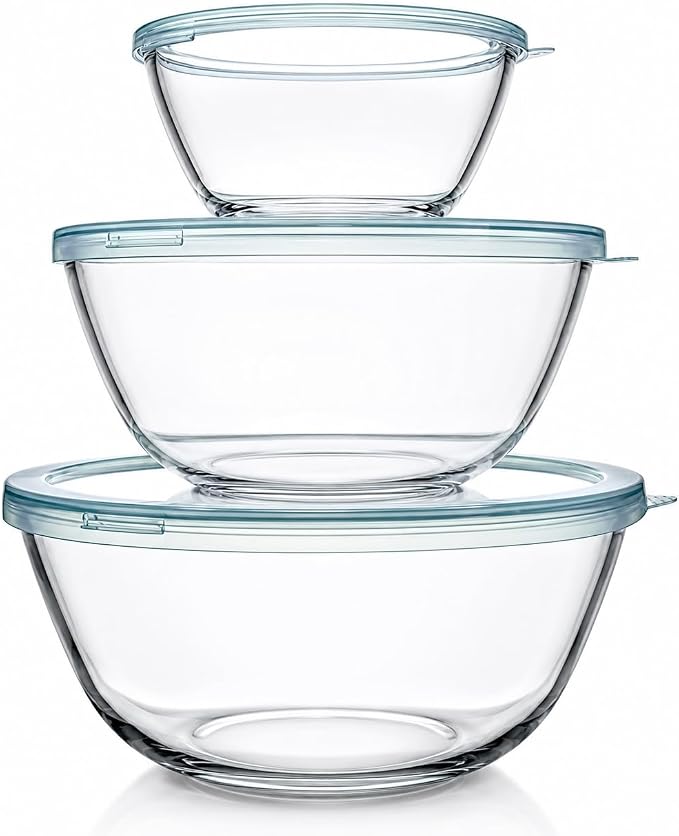 Luvan Glass Mixing Bowls with Lids Set(4.5QT, 2.7QT, 1.1QT)-Large Glass Mixing Bowls, Clear Salad Bowl for Baking, Cooking, Serving, Food Prep, 3PC Nesting Bowls for Kitchen Storage & Dishwasher Safe