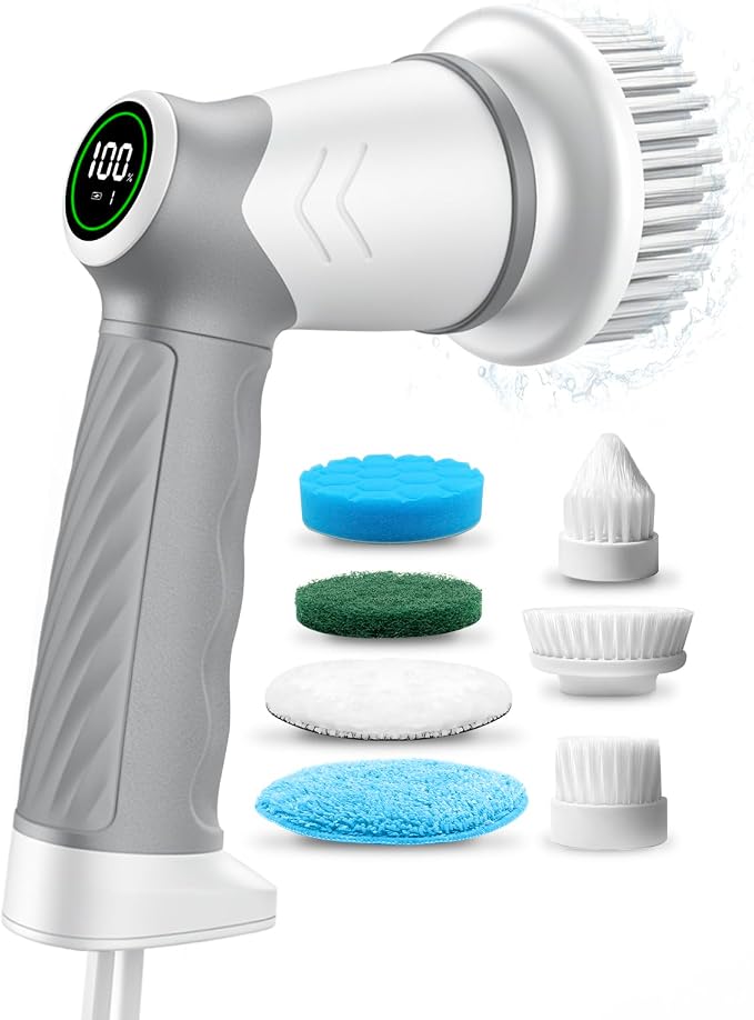 DAESUNG Electric Spin Scrubber, Cordless Power Scrubber & Electric Cleaning Brush with 7 Replaceable Heads, Dual Speed IPX7 Waterproof Handheld Scrubber for Bathroom, Shower & Tile Cleaning