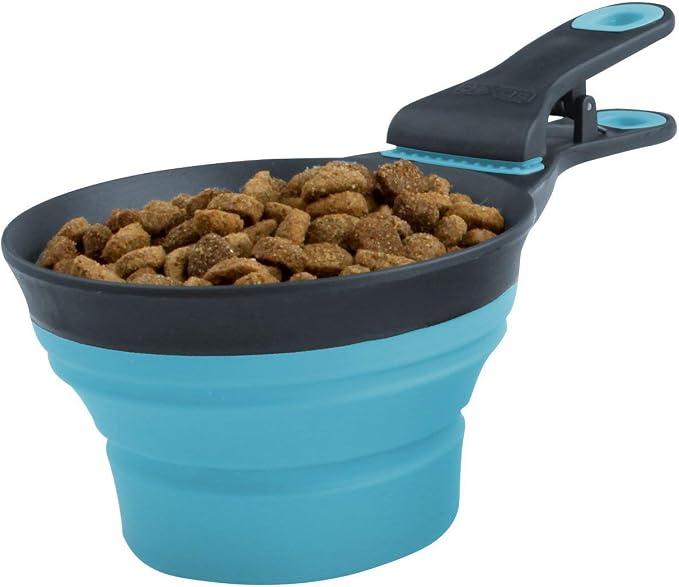 Dexas Popware for Pets Collapsible Klip Scoop, 3-in-1 Pet Food Scoop, Measuring Cup and Bag Clip, 2 Cup Capacity, Blue