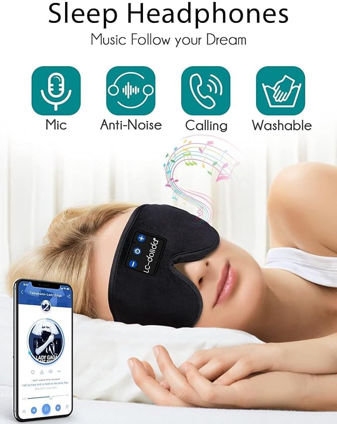Sleep Mask with Headphones Bluetooth 5.4, LC-dolida Wireless Music Eye Mask for Sleeping Headphones with Soft Silk Cooling Breathable,Ultra-Thin Stereo Speaker for Side Sleepers-Raven