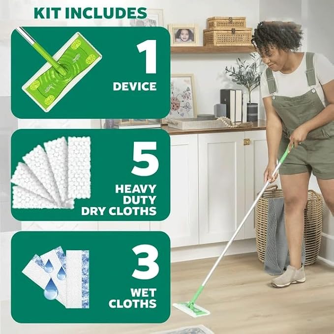 2-in-1 Dry + Wet Floor Mop & Sweep Kit - 1 Device with 5 Heavy Duty Dry Cloths & 3 Wet Cloths - No Dustpan/Bucket Needed, Safe for Tile/Hardwood/Vinyl