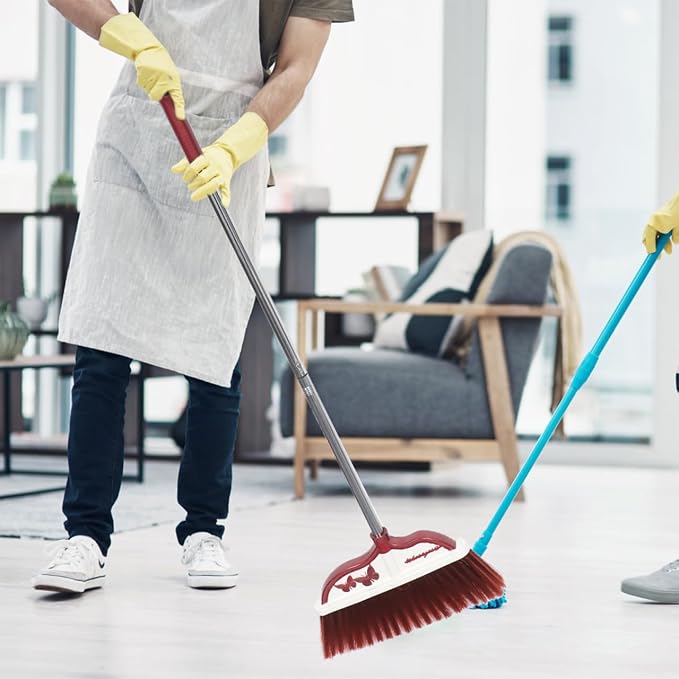 Mikinona Broom and Dustpan Set with Long Handle, Light Weight Stainless Steel Poles Stand Upright Dustpans with Broom Combo for Home Kitchen Office Pet Dog Hair