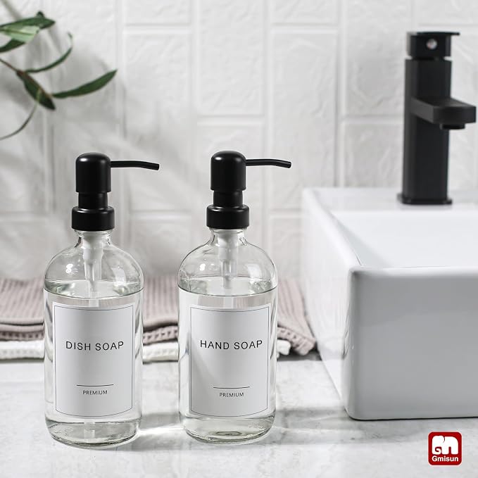 GMISUN Glass Soap Dispenser with Pump, 2 Pack Clear Bathroom Hand Soap Dispenser with Stainless Steel Pump, 17 Fl Oz Refillable Kitchen Hand and Dish Soap Dispensers Set, Modern Liquid Pump Bottles