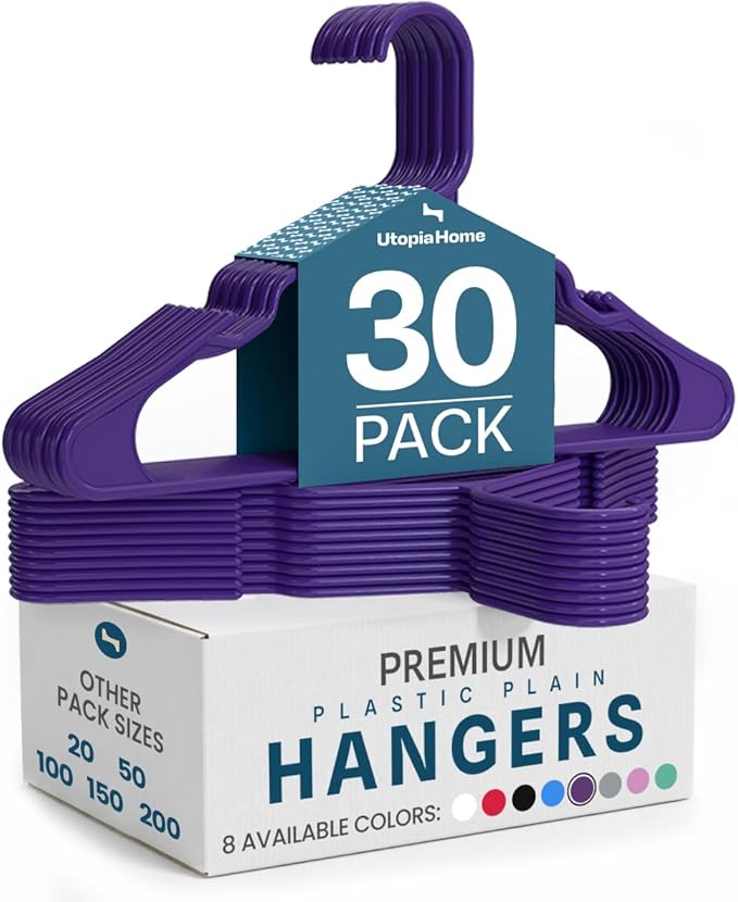 Utopia Home Plastic Hangers 30 Pack – Space Saving Clothes Hanger Purple | Durable & strong | Closet organizer & storage | Ideal for apartments, dorms & stocking stuffers