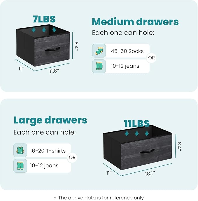 OLIXIS 7 Drawers Dresser for Bedroom, Fabric Storage Tower for Living Room, Entryway - Sturdy Steel Frame, Wooden Top and Easy Pull Fabric Bins, Closet Chests Organizer for Clothes,Black Wood Grain