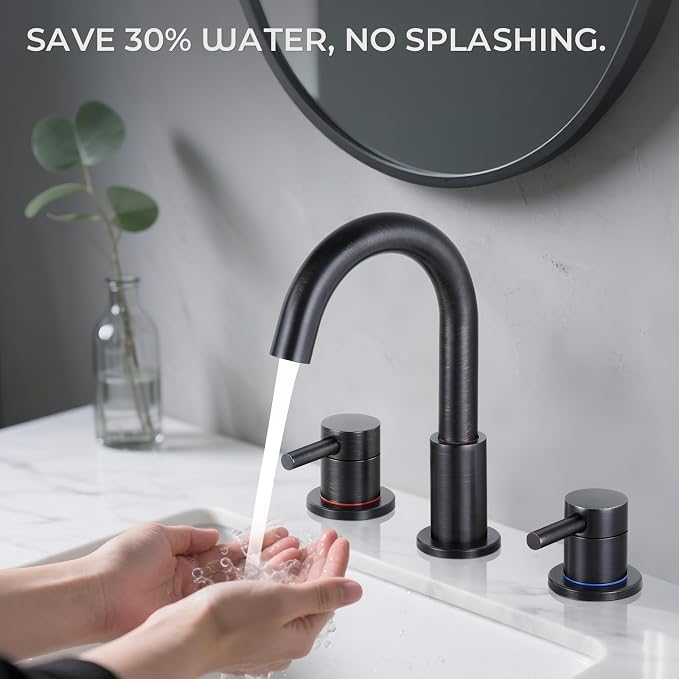 Bathroom Faucet 3 Hole, Oil Rubbed Bronze Bathroom Sink Faucet with Pop Up Drain, 8 inch Widespread Bathroom Faucet with 360° Swivel Spout, 2 Handle Vanity Faucet with Water Supply Hoses