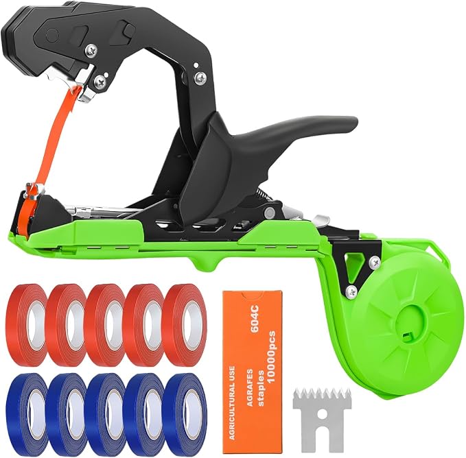 FUNTECK Easy & Fast Plant Tying Machine for Tomatoes, Grapes, Cucumbers - Professional Tying Tool Saves Labor with Spare Tapes and Staples, Green/Black