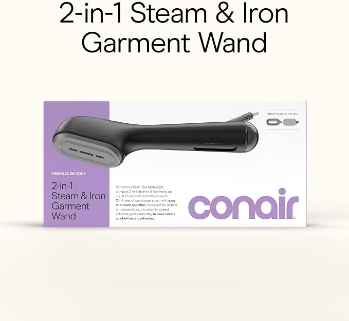 Conair 2-in-1 Steam & Iron Garment Wand, Portable Handheld Fabric Steamer with Ceramic Soleplate, 25-Second Heat-Up, 12-Minute Steam Time, Black, GS47BL